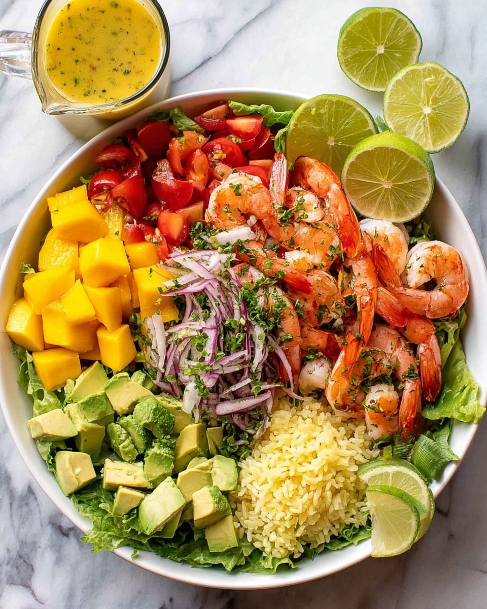 A large white bowl sits on a white marbled surface filled with a colorful shrimp salad. The bottom layer is made of fresh green leafy lettuce spread evenly as a base. On top of the greens, there are small sections with different ingredients: diced yellow mango on the top right; bright red cherry tomatoes sliced in half on the bottom left; cubes of creamy green avocado next to the tomatoes; and a portion of light yellow rice with a lime wedge on top on the bottom right. In the center, seasoned shrimp mixed with thin slices of purple onion and sprinkled with green herbs create a vibrant, textured pile. Three whole cooked shrimp with their shells and heads on rest near the mango pieces. Two lime wedges sit on the edge of the bowl, and a small clear pitcher filled with yellow dressing is placed nearby on the white marbled surface. photo taken with an iphone --ar 4:5 --v 7