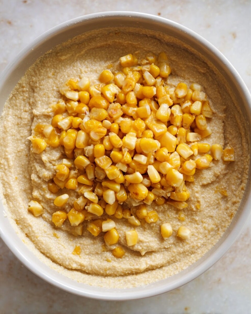 The image shows a close-up of a thick light beige batter with a coarse texture in a white bowl, topped with a generous pile of bright yellow frozen corn kernels scattered on the surface. The batter fills the bowl's base and contrasts with the vibrant, slightly frosted corn pieces in the center, with some kernels resting against the bowl’s sides. The background features a smooth white marbled texture. photo taken with an iphone --ar 4:5 --v 7