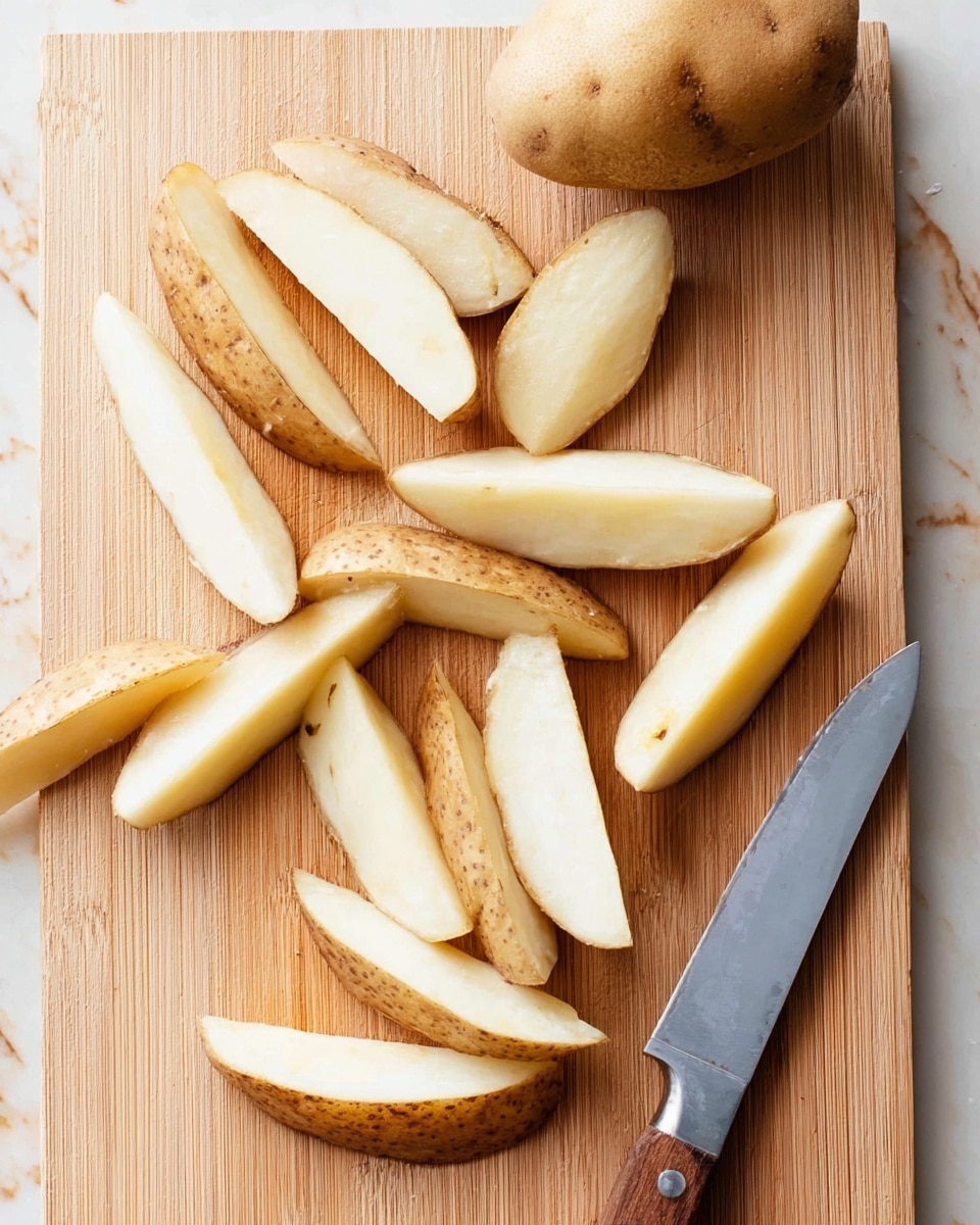 The image shows several potato wedges with light brown skin and white inside scattered on a light wooden cutting board. There is one whole potato near the top right side, and a knife with a wooden handle and silver blade lies on the bottom right corner. The potato wedges are arranged in loosely spread piles, with their smooth, firm inside facing upward. The background texture is a white marbled surface. photo taken with an iphone --ar 4:5 --v 7