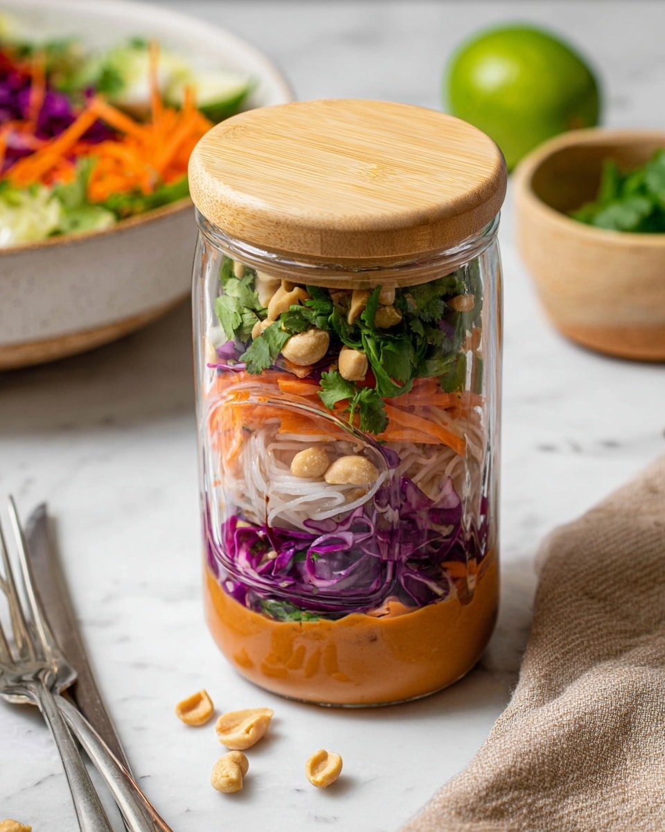 A clear glass jar with a light wooden lid holds a colorful layered salad. The bottom layer is a smooth orange sauce, followed by a layer of white noodles. Above the noodles are thin orange carrot strips, then pieces of purple cabbage. On top of the cabbage are fresh green herbs, likely cilantro, and finally, the uppermost layer consists of whole light brown peanuts. The jar is placed on a white marbled surface with a fork resting behind it, a bowl of mixed salad with orange carrot strips blurred in the background, and a half lime and a small bowl with green herbs on the side. Photo taken with an iphone --ar 4:5 --v 7