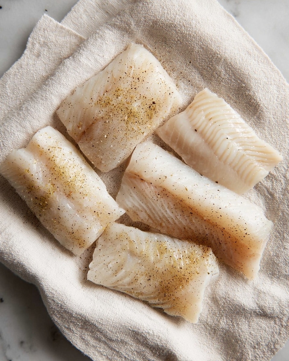 Six pieces of raw white fish fillets, each sprinkled lightly with black pepper and a hint of golden seasoning, lay spread out on a soft white cloth. The fish pieces show slight variations in shape and size, with some having smooth edges and one displaying delicate ridges along one side. The cloth beneath them has a soft, fluffy texture, appearing slightly wrinkled and resting on a white marbled surface. The light captures the subtle sheen on the fish, highlighting their moist and delicate texture. photo taken with an iphone --ar 4:5 --v 7