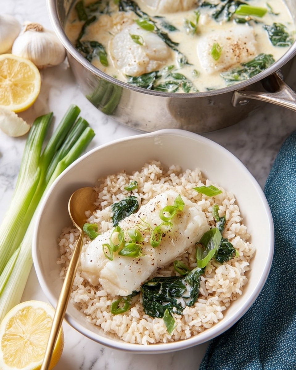 A white bowl filled with a base layer of fluffy light brown rice, topped with a piece of white cooked fish that has a soft texture and light specks of black pepper, garnished with bright green chopped scallions and spinach leaves. A shiny gold spoon rests inside the bowl on the left side. Behind the bowl, there is a silver pot containing more pieces of white fish in a creamy white sauce with green spinach and scallions floating on top. Around the bowl, on a white marbled surface, are two garlic bulbs, a halved lemon showing its yellow inside, green scallions, and a blue cloth napkin on the right side. Photo taken with an iphone --ar 4:5 --v 7