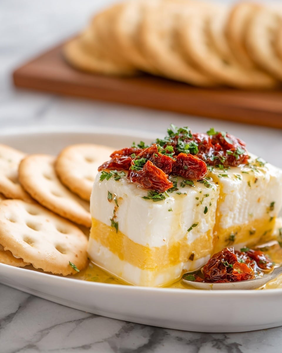 This dish has a stack of four layers, starting from the bottom with a thick white cheese block. On top of it is a smooth yellow cheese layer, followed again by a white cheese layer, and finishing with another yellow cheese layer. The stack is topped and drizzled with small pieces of red sun-dried tomatoes and chopped green herbs, all soaked in a light oily sauce. The stack is placed on a white oval plate with several round beige crackers with small perforations arranged behind it. In the background, slightly blurred, there is a wooden board with more crackers on a white marbled surface. photo taken with an iphone --ar 4:5 --v 7