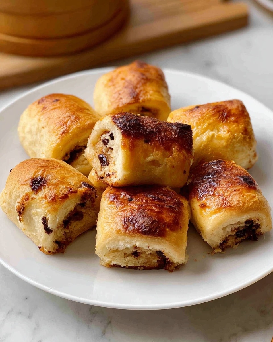 On a round white plate set on a white marbled surface, there are seven pieces of small baked rolls. Each roll has a golden brown outer layer with some darker burnt spots, and one piece is shown cut open to reveal a light tan filling with bits of chocolate inside. The rolls have a slightly shiny, crispy surface with rough edges in some places. In the background, part of a wooden container and wooden cutting board can be seen. Photo taken with an iphone --ar 4:5 --v 7