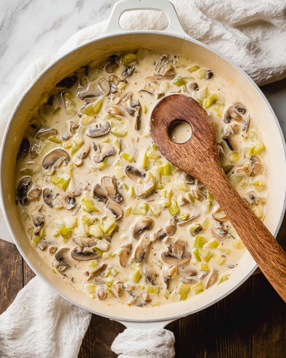 A white pan filled with a creamy sauce containing sliced brown mushrooms and small light green pieces of cooked vegetables, likely leeks or celery, mixed throughout. A wooden spoon with a hole in the center is resting inside the pan, partially submerged in the creamy sauce. The surface under the pan is a white marbled texture, and a white cloth is seen near the top right of the pan. Photo taken with an iphone --ar 4:5 --v 7