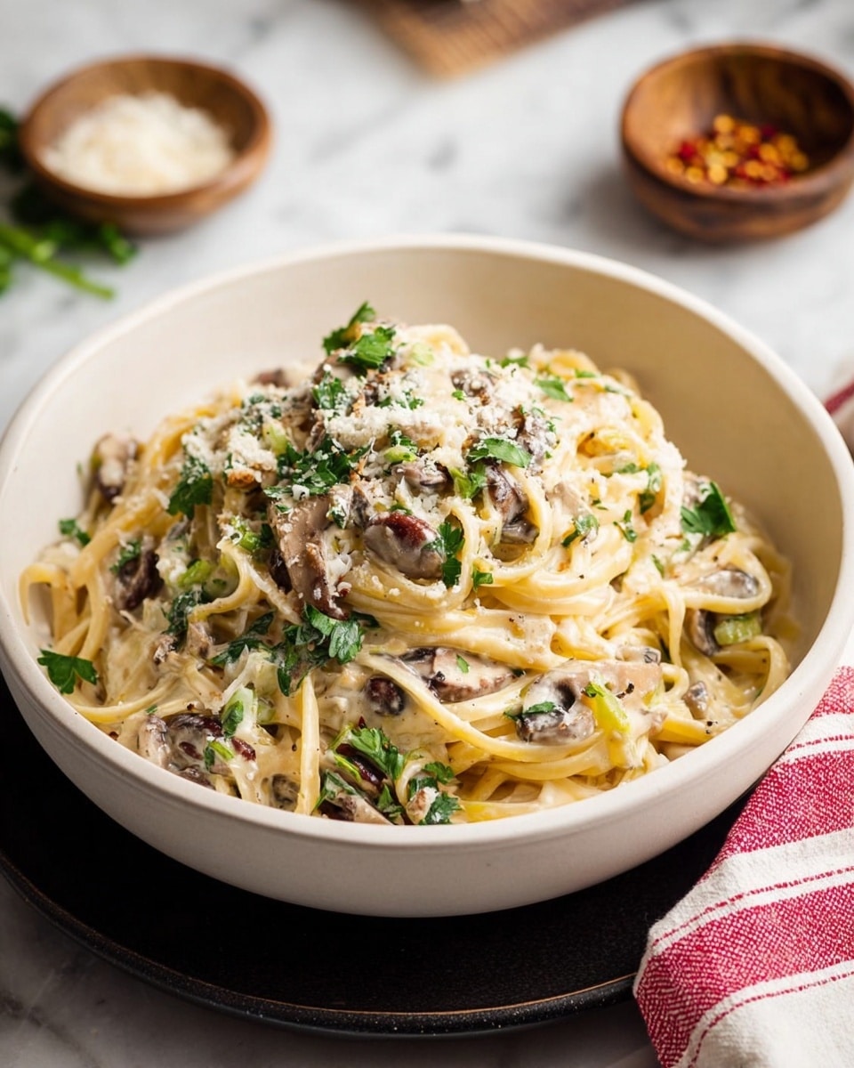 A white bowl filled with creamy pasta that has three main layers: at the bottom, long smooth linguine noodles are loosely piled; mixed throughout are mushroom pieces with a brownish-gray color and soft texture, along with small bits of light green vegetables; the top layer is a sprinkling of grated white cheese and some bright green fresh parsley leaves scattered on top. The bowl sits on a dark round plate, placed on a white marbled surface, with a small bowl of red pepper flakes blurred in the background. A white cloth with red stripes lies partially in the bottom right corner. Photo taken with an iphone --ar 4:5 --v 7
