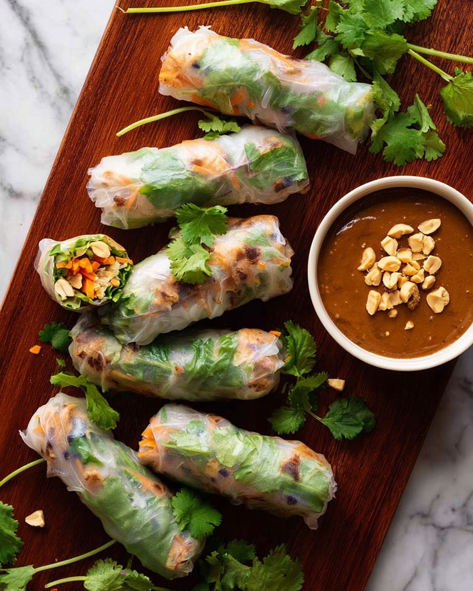 There are six fresh spring rolls arranged on a dark wooden board, each wrapped tightly in translucent rice paper showing layers of green leafy herbs, crunchy orange shredded carrots, and bits of light brown nuts or tofu inside. Bright green cilantro leaves are scattered on top and around the rolls for decoration. On the right side, there is a small white bowl filled with smooth brown peanut sauce topped with chopped peanuts. The background surface is a white marbled texture. photo taken with an iphone --ar 4:5 --v 7