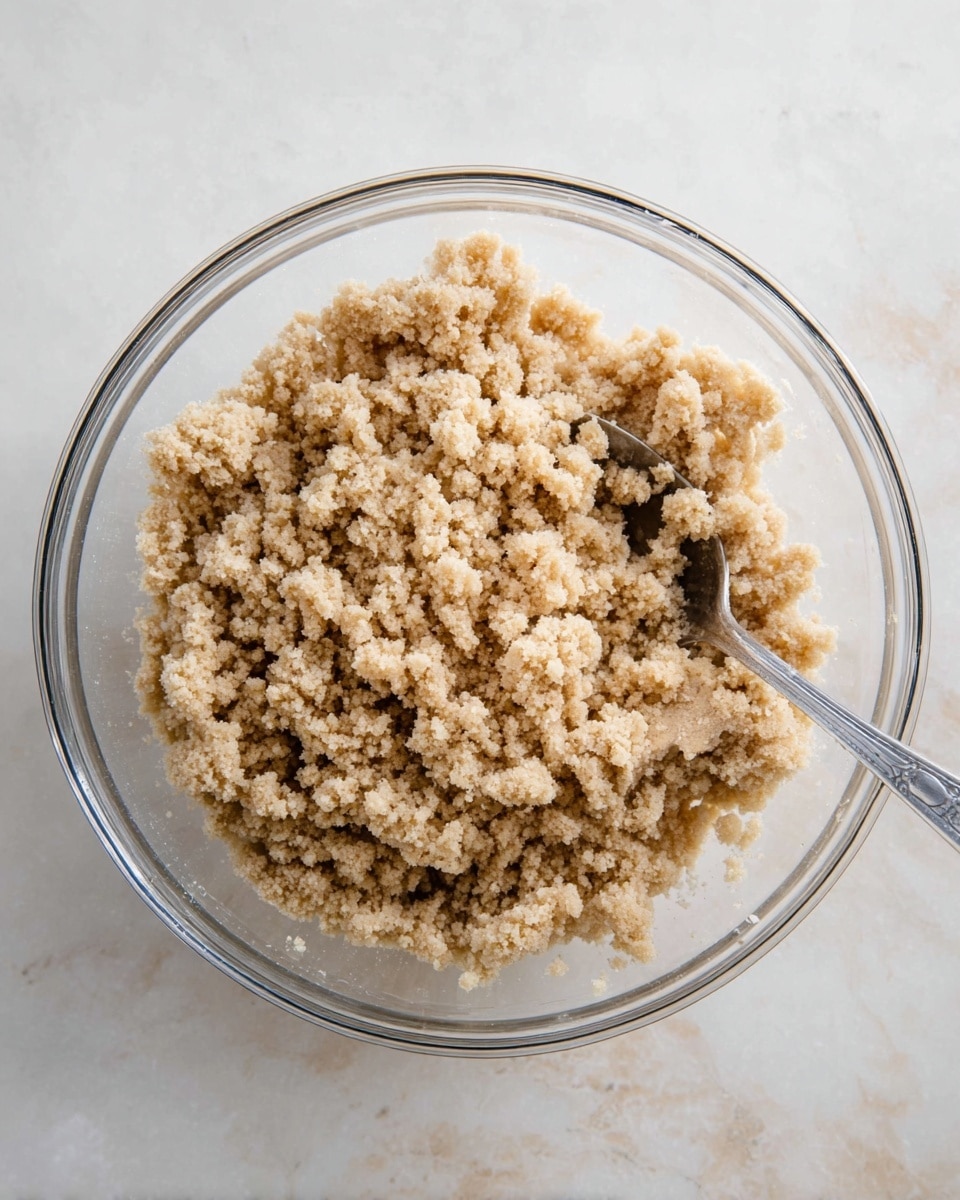 A clear glass bowl filled with a crumbly mixture showing small to medium-sized clumps of light tan and beige colors, creating a rough texture. A metal spoon is partially inside the bowl near the right side, slightly pressing into the mixture. The bowl sits on a white marbled surface that adds a subtle pattern without drawing attention away from the crumbly contents. The lighting is bright and even, highlighting the grainy texture and soft shadows around the bowl. photo taken with an iphone --ar 4:5 --v 7