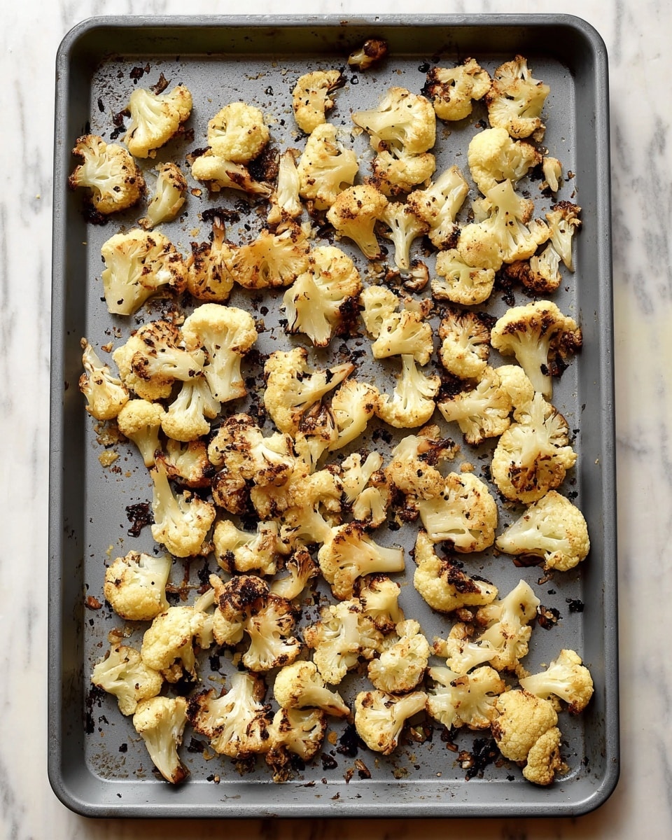 The image shows a gray baking tray filled with many small roasted cauliflower pieces spread evenly. The cauliflower pieces are golden brown with some parts charred, giving a mix of light yellow, beige, and black colors. The tray has some dark burnt spots and crumbs scattered around. The baking tray is placed on a white marbled surface. photo taken with an iphone --ar 4:5 --v 7