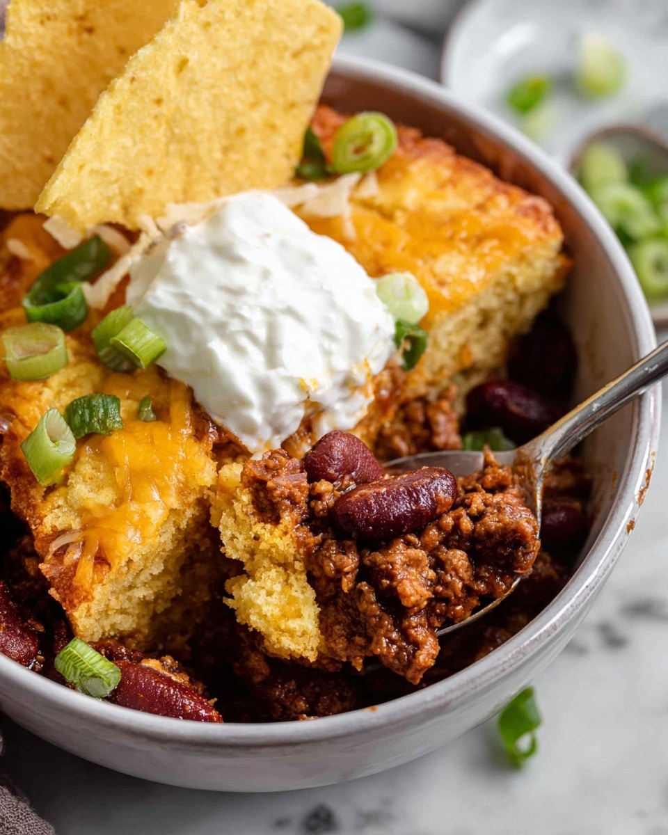 A close-up view of a white bowl filled with a layered dish: the bottom layer is a mix of cooked ground meat and dark red kidney beans, topped with a golden-brown cornbread layer sprinkled with melted cheddar cheese and little green onion pieces. On top of the meat and bean layer is a dollop of smooth white sour cream. Two yellowish corn chips rest on the side inside the bowl. A silver spoon is digging into the food, showing the soft texture of the cornbread and the meaty bean layer beneath. The background has a white marbled texture with some scattered green onion pieces visible. Photo taken with an iphone --ar 4:5 --v 7