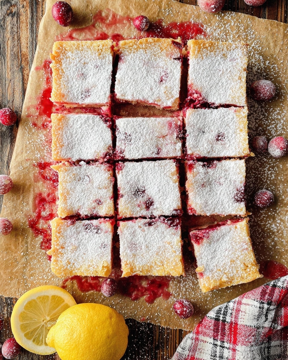 A square dessert is cut into sixteen equal pieces, each piece topped with a layer of powdered sugar giving a soft white texture on top; beneath this is a light golden crust with a slightly rough surface, and visible red berry filling peeks out around the edges and between the pieces. The dessert sits on parchment paper stained with red berry juice, resting on a wooden table with a few whole red berries scattered nearby. A half lemon with its juicy inside showing sits close to the bottom of the frame, and a checkered cloth lies on the lower right side. The whole scene is on a white marbled texture. photo taken with an iphone --ar 4:5 --v 7
