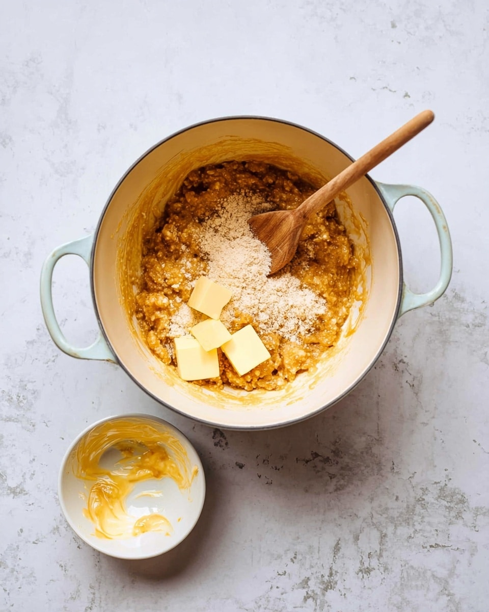 A white cooking pot with two handles sits on a white marbled surface. Inside the pot, there is a mixture with a chunky texture and golden-brown color, spread over the bottom and sides. On top of the mixture are three yellowish cubes of butter and a pile of light beige flour. A wooden spoon with some of the golden mixture on it rests inside the pot, the handle leaning against the pot's edge. Nearby, a small white bowl with yellowish residue sits empty on the surface. Photo taken with an iphone --ar 4:5 --v 7