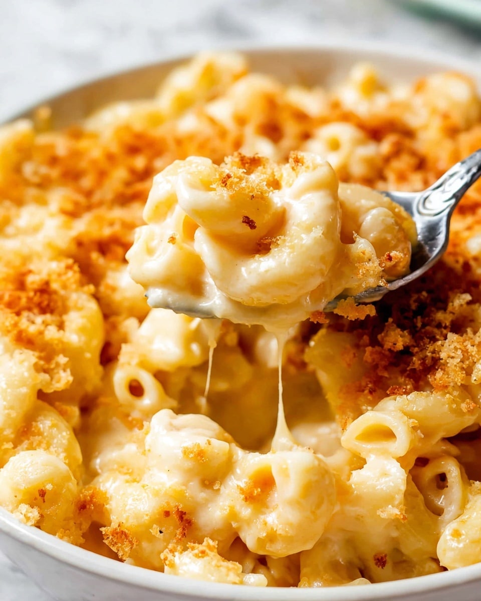 This is a close-up of a creamy macaroni and cheese dish in a white bowl on a white marbled surface, showing two main layers: a thick smooth yellowish cheese sauce enveloping small curved pasta pieces on the bottom, and a lightly browned golden crispy breadcrumb topping scattered unevenly across the top layer. A shiny silver spoon holds a scoop of the pasta, pulling up some cheese strands that stretch slightly with the rich texture of the cheese sauce and soft pasta, with some toasted crumbs resting on the spoon’s surface photo taken with an iphone --ar 4:5 --v 7