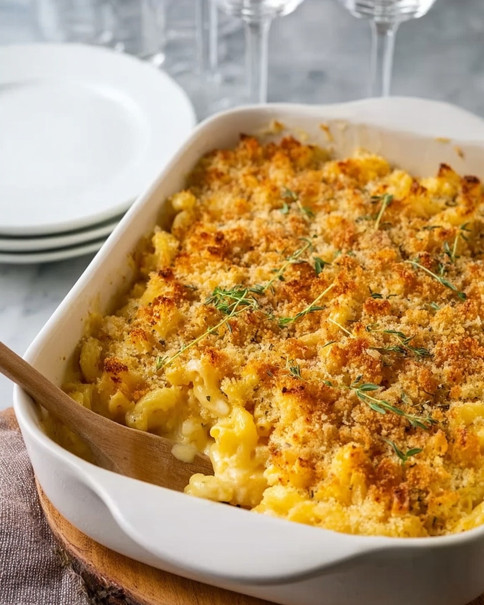The image shows a white ceramic baking dish filled with baked macaroni and cheese. The top layer is golden brown with a crumbly, crunchy texture, sprinkled with small green herb sprigs. The macaroni underneath is creamy and yellow, peeking out slightly around the edges of the topping. A wooden spoon rests on the side of the dish. The dish is placed on a white marbled surface with a white plate and clear glasses blurred in the background. Photo taken with an iphone --ar 4:5 --v 7