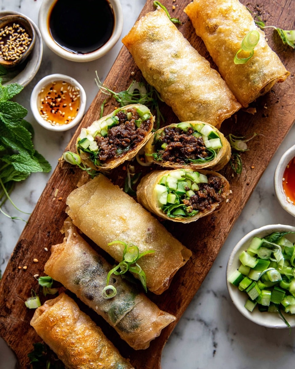 The image shows a wooden board with several spring rolls, some whole and some cut to show the filling inside. Each spring roll is wrapped in a lightly fried, golden, slightly bubbled thin wrapper. Inside, there are layers of dark brown minced meat, bright green cucumber strips, and fresh green herbs. The spring rolls are topped with thin green onion slices. Around the board, there are small white dishes with different sauces: a dark soy sauce, a light brown dipping sauce with sesame seeds, and some chili oil. Fresh green herbs add a bright touch near the top left side. The background is a white marbled texture. photo taken with an iphone --ar 4:5 --v 7