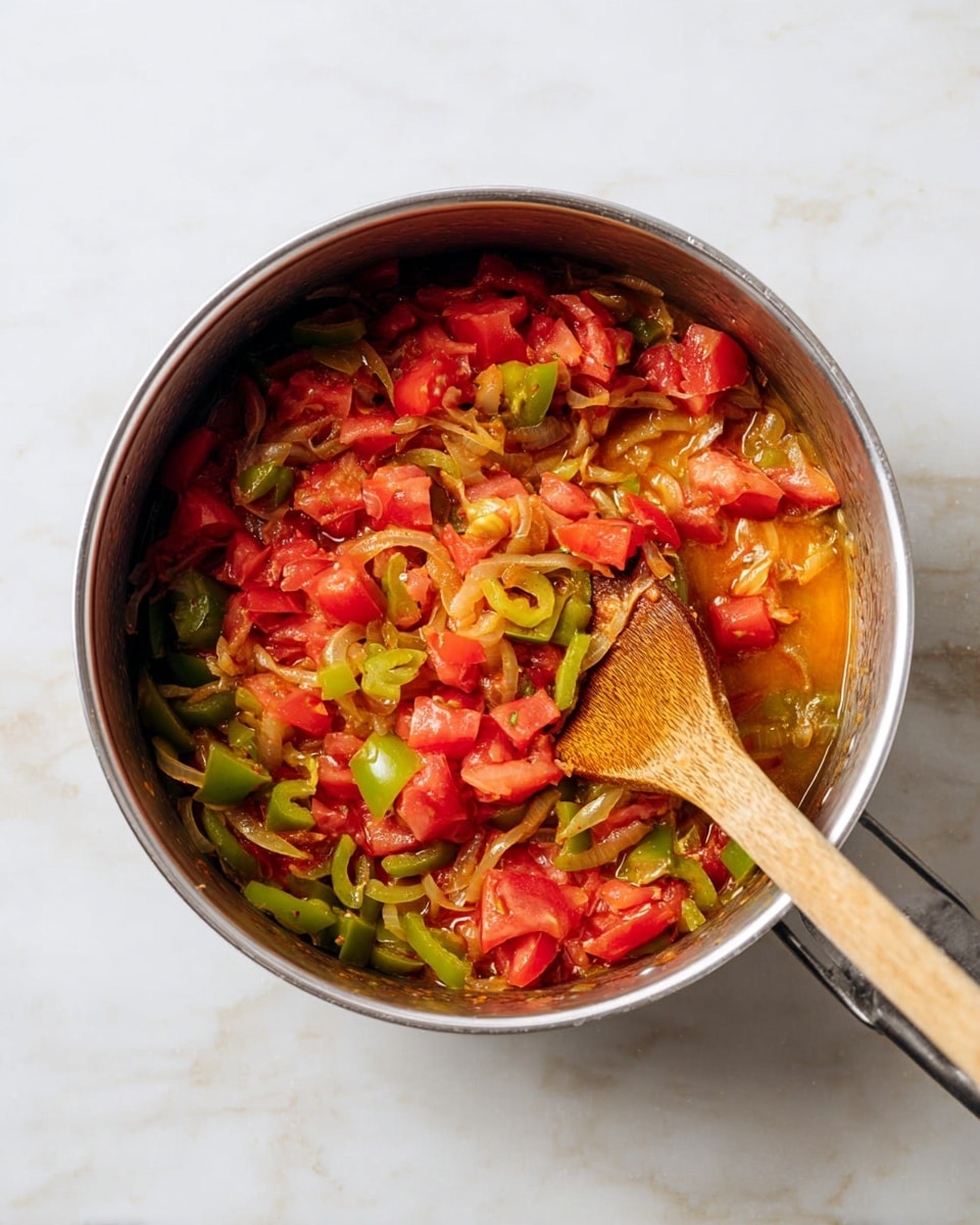 A metal pot filled with cooked vegetables, showing three main layers: bright red diced tomatoes, thinly sliced green bell peppers, and translucent sautéed onions mixed together, all coated in a light, warm-colored sauce. A wooden spoon is resting inside the pot, angled towards the right side and partially covered in the sauce and veggies. The pot is placed on a white marbled surface, creating a clean and simple background. Photo taken with an iphone --ar 4:5 --v 7