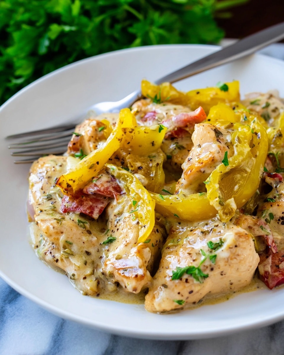 The image shows a white plate filled with cooked chicken pieces coated in a creamy sauce. The chicken is light golden brown with specks of herbs and spices. On top and mixed with the chicken are thin slices of bright yellow peppers and small chunks of red bell pepper. The sauce covering the dish is thick and creamy, with visible bits of herbs and black pepper. In the background, there is some fresh green parsley adding a touch of color. A fork rests on the plate near the chicken, and the whole scene sits on a white marbled surface. photo taken with an iphone --ar 4:5 --v 7