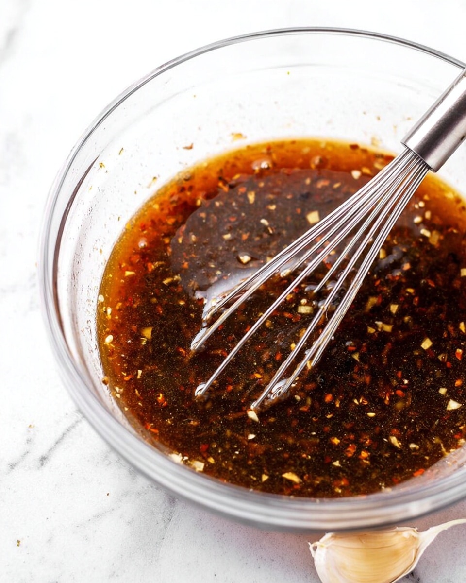 A clear glass bowl is filled with a dark brown sauce mixed with small bits of garlic or spices, showing a slightly oily texture on the surface; inside the bowl, a shiny metal whisk lies across, partially submerged in the sauce. The background is a white marbled texture with a partially peeled clove of garlic placed to the right of the bowl. The lighting highlights the glossy surface of the sauce and the reflective metal of the whisk photo taken with an iphone --ar 4:5 --v 7