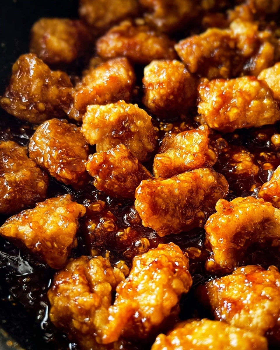The image shows many small golden-brown pieces of fried chicken with a thick shiny sauce coating them. The chicken pieces are crispy with a textured surface, and the sauce adds a slightly sticky and glossy look. The pieces are close together in a dark pan, and the light shines on them, making the sauce look rich and caramelized. Photo taken with an iphone --ar 4:5 --v 7