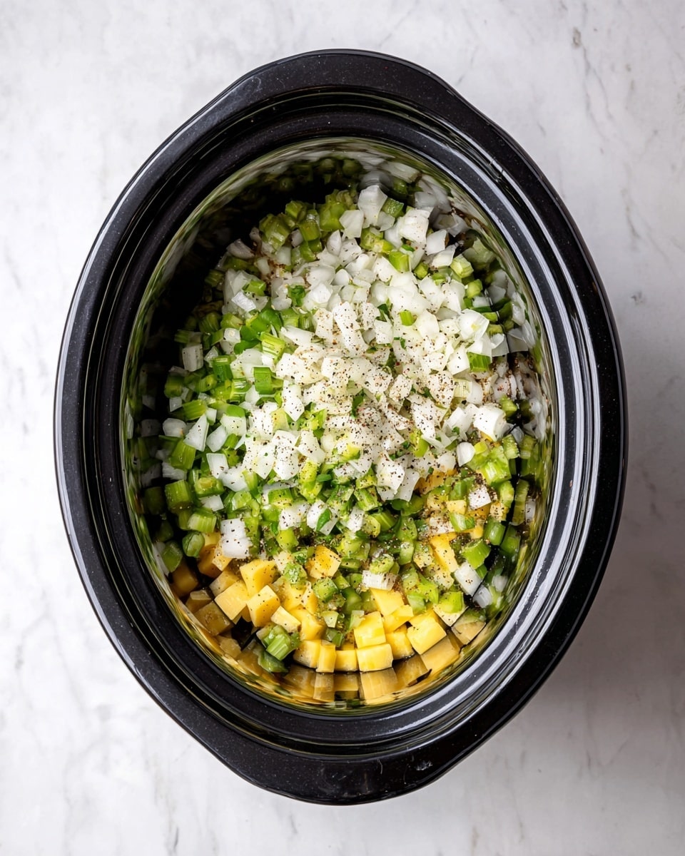 Inside a black oval slow cooker, there are three visible layers of ingredients. The bottom layer is made of small yellow cubes, likely cheese or butter. On top of that is a layer of chopped green vegetables, probably celery, with fresh texture. The highest layer consists of finely chopped white onions sprinkled with black pepper. The cooker sits on a white marbled surface, giving a clean look. photo taken with an iphone --ar 4:5 --v 7