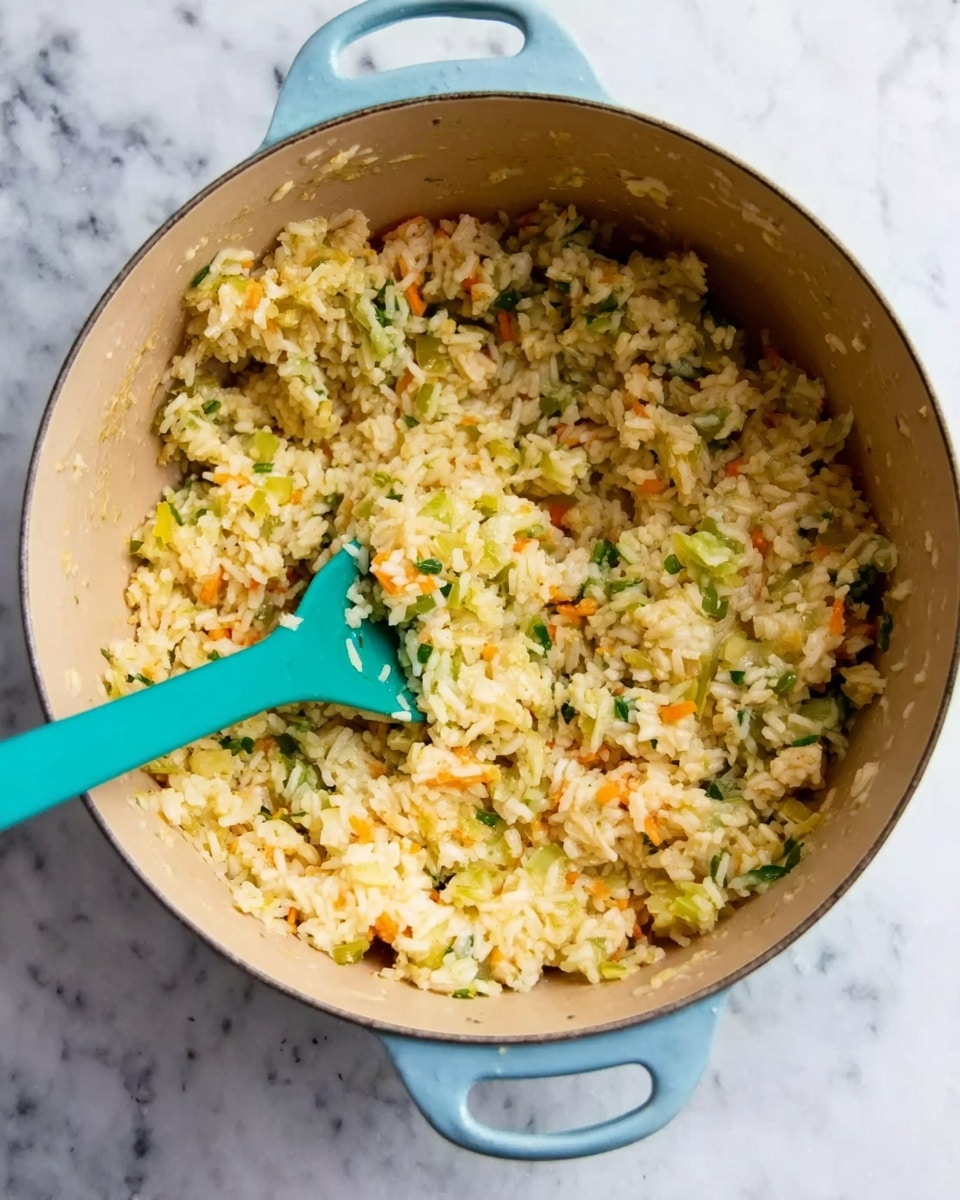 A light blue cooking pot filled with cooked rice mixed with small pieces of green and orange vegetables, showing a soft and slightly creamy texture. A turquoise spatula with a long handle is placed in the pot, partially stirring the rice mixture. The pot sits on a white marbled surface. The cooking pot has a simple round shape with two small handles on the sides, each painted light blue. photo taken with an iphone --ar 4:5 --v 7