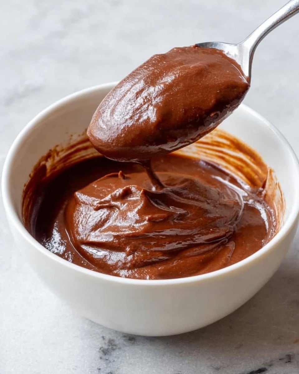 A white bowl filled with thick, smooth chocolate sauce that has a shiny surface. A spoon lifts a large scoop of the rich sauce above the bowl, showing its dense texture with soft folds and light reflections. The bowl sits on a white marbled surface with subtle gray veins, and the inside rim of the bowl is slightly stained with the sauce. photo taken with an iphone --ar 4:5 --v 7