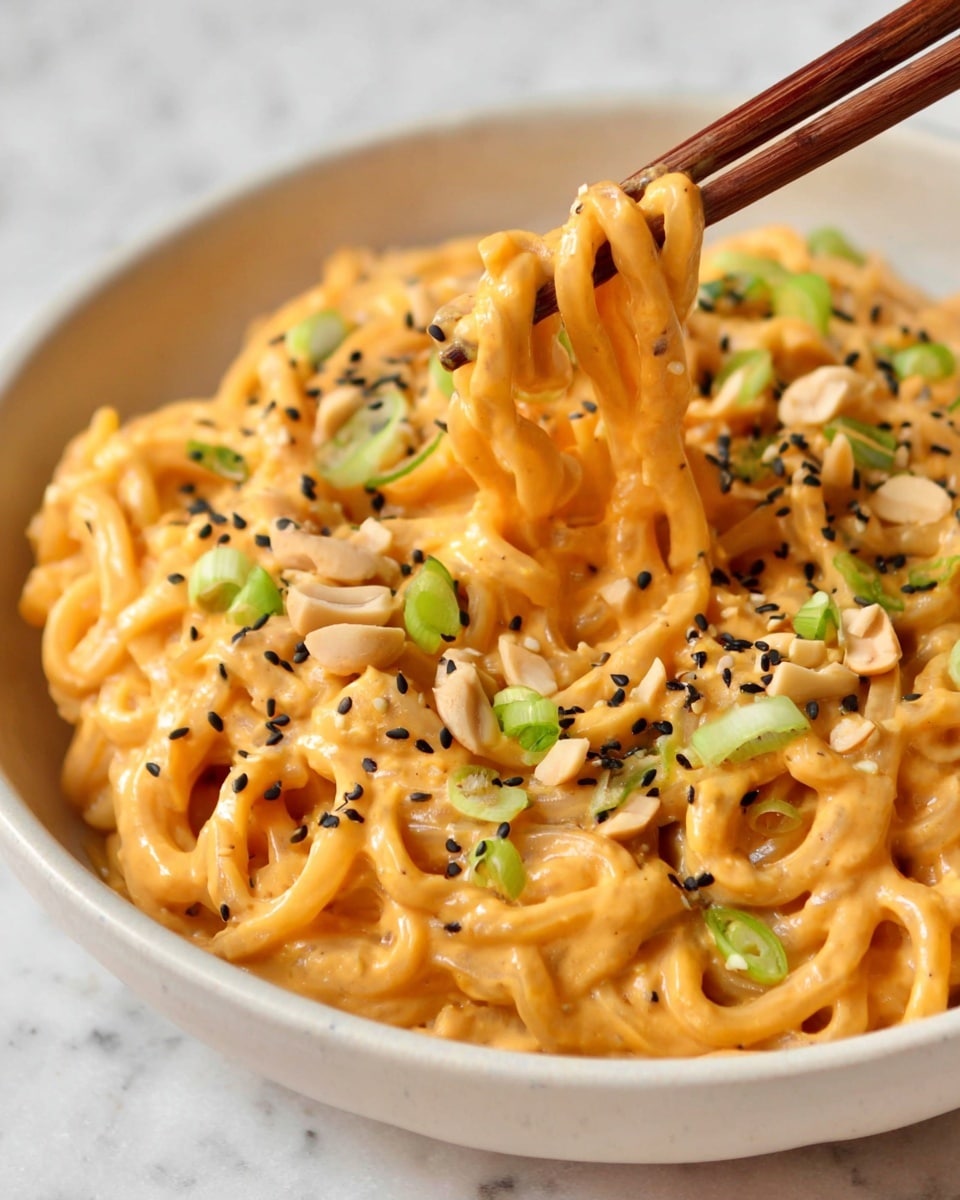 The dish shows thick noodles coated with a creamy light orange sauce filling the white bowl. On top of the noodles, there are small black sesame seeds scattered evenly and shelled peanuts adding a pale beige color contrast. Bright green chopped spring onions are sprinkled around, giving a fresh look. A pair of wooden chopsticks is lifting a small coil of noodles, showing the sauce's smooth texture. The bowl sits on a white marbled surface photo taken with an iphone --ar 4:5 --v 7