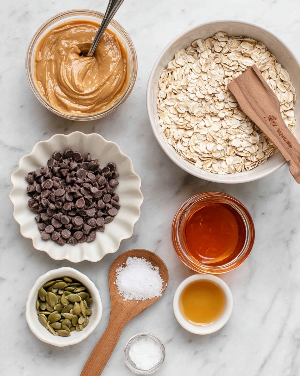 The image shows seven white bowls placed on a white marbled surface. The largest bowl, at the top right, is filled with light beige rolled oats and has a wooden scoop with flat wood texture resting inside. To the left is a glass bowl filled with creamy tan peanut butter, with a silver spoon inside. Below the peanut butter is a scalloped white plate holding a pile of small, dark brown chocolate chips. To the right of the chocolate chips is a clear jar filled with amber honey. Above the honey, a smaller white bowl contains green pumpkin seeds. Below the jar of honey, a very small wooden spoon holds a white granular substance, likely salt. Lastly, a tiny white bowl to the far right contains a light golden liquid, possibly vanilla or oil. photo taken with an iphone --ar 4:5 --v 7