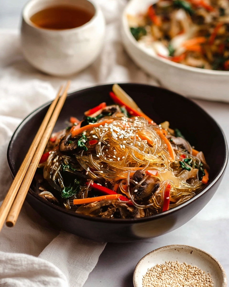 A black bowl holds a colorful dish with three main layers: transparent, shiny glass noodles swelling over the bowl; mixed vegetables including bright orange carrot sticks, dark green leafy bits, and small red pieces scattered around; thin brown mushroom slices layered inside, all topped with a sprinkle of white sesame seeds. Two wooden chopsticks rest on top of the noodles, leaning on the side of the bowl. The bowl is placed on a soft white cloth on a white marbled surface. In the foreground, a small white dish holds extra sesame seeds, and a ceramic cup with brown tea is nearby. A white bowl in the blurred background holds more of the same noodle dish. photo taken with an iphone --ar 4:5 --v 7