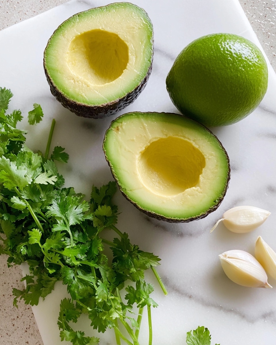 The image shows two halves of an avocado with their green skin and pale yellow-green flesh, with the pits removed, placed on a white marbled surface. Next to the avocado halves is a whole bright green lime, showing a shiny and smooth texture. In the bottom left corner, there is a small bunch of fresh cilantro with bright green leaves and thin stems. To the right, there are two small pieces of peeled garlic with a smooth off-white color. The scene is bright and well-lit, with natural colors standing out clearly. Photo taken with an iphone --ar 4:5 --v 7