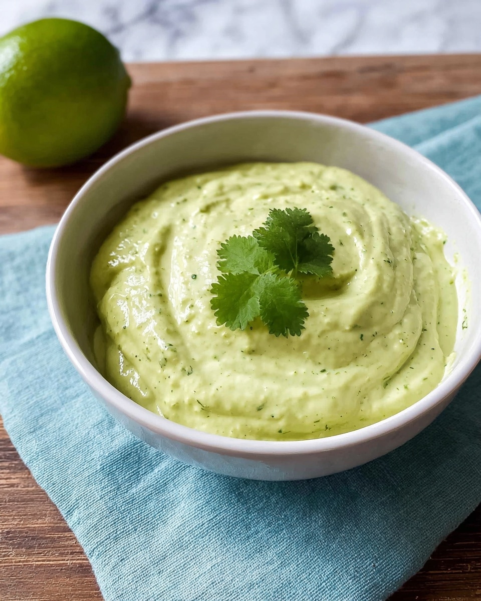 A white bowl filled with a thick, creamy light green sauce that has a smooth texture with some small green specks. On top, there are three fresh bright green cilantro leaves placed in the center. The bowl sits on a light blue cloth on a wooden surface with a green lime placed to the left of it. The background is a white marbled texture. photo taken with an iphone --ar 4:5 --v 7