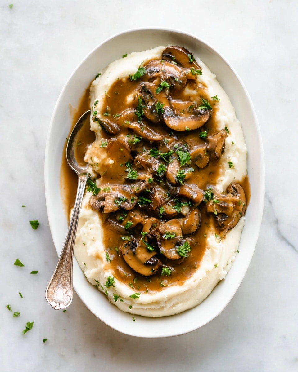 An oval white plate holds two main layers: the bottom layer is a smooth, creamy white mashed potato spread evenly across the plate. On top, there is a thick brown mushroom gravy with visible slices of cooked brown mushrooms and small pieces of onions, spreading out naturally over the mashed potatoes. The dish is garnished with small green parsley leaves scattered on top. A vintage silver spoon rests on the left side of the plate, partly dipped into the gravy. The plate sits on a white marbled surface. Photo taken with an iphone --ar 4:5 --v 7