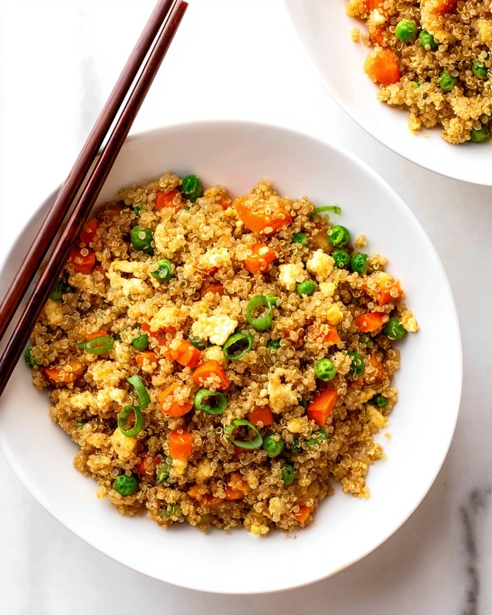 A white bowl filled with a single layer of cooked quinoa fried rice, mixed with small pieces of bright orange carrot, green peas, chopped green onions, and small bits of scrambled egg, all evenly spread throughout. The quinoa grains are light brown and fluffy, creating a textured base for the colorful vegetables and eggs. The bowl is placed on a white marbled surface with a pair of dark brown wooden chopsticks resting diagonally on the left edge of the bowl. The lighting is bright and natural, highlighting the freshness and colors of the dish photo taken with an iphone --ar 4:5 --v 7