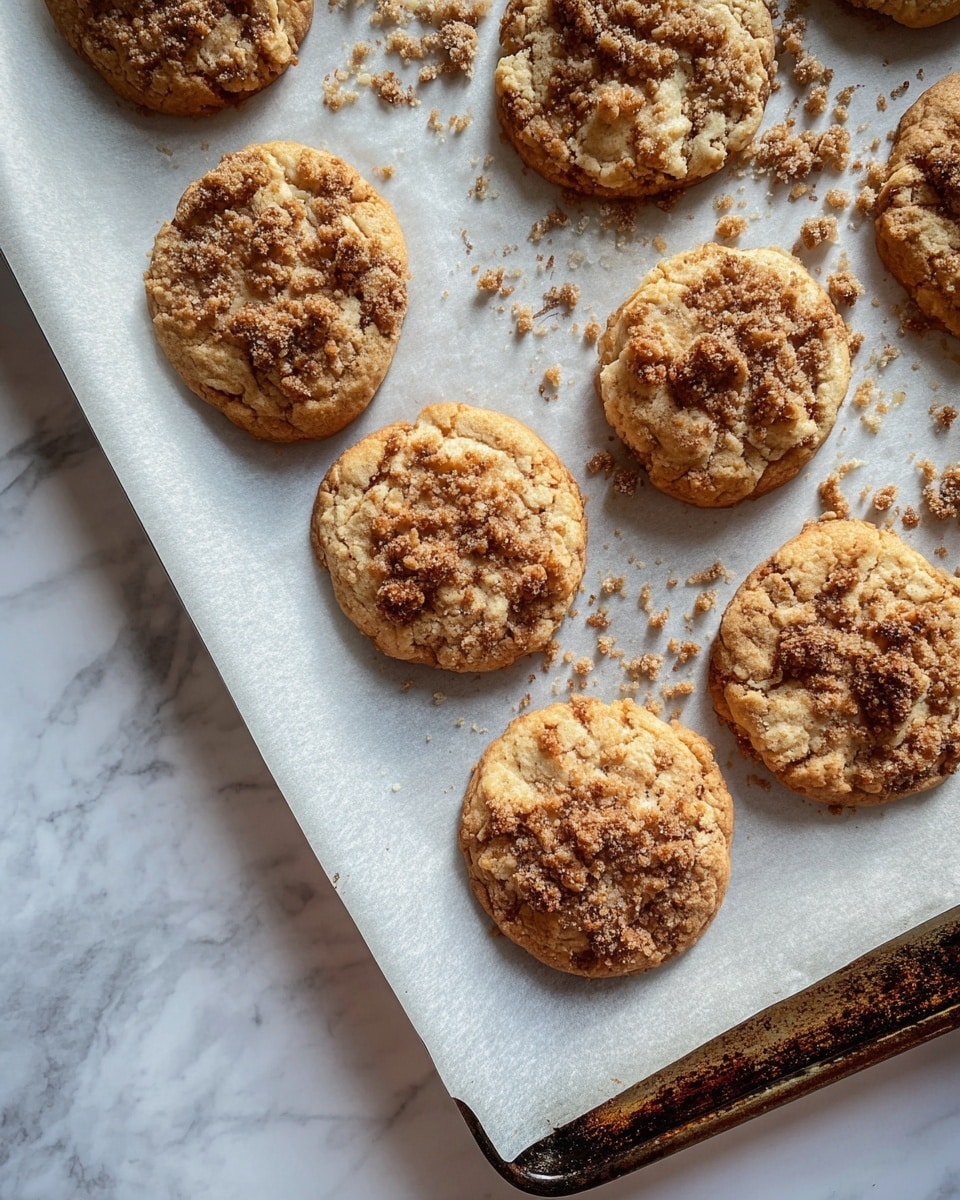 The image shows a baking tray with eight round cookies placed on white parchment paper. Each cookie is golden brown with a cracked surface and crumbly topping in darker brown shades. Some crumbs are scattered on the parchment around the cookies. The tray is partially visible on the right side, showing a worn metal edge, and the whole setting is on a white marbled surface. photo taken with an iphone --ar 4:5 --v 7