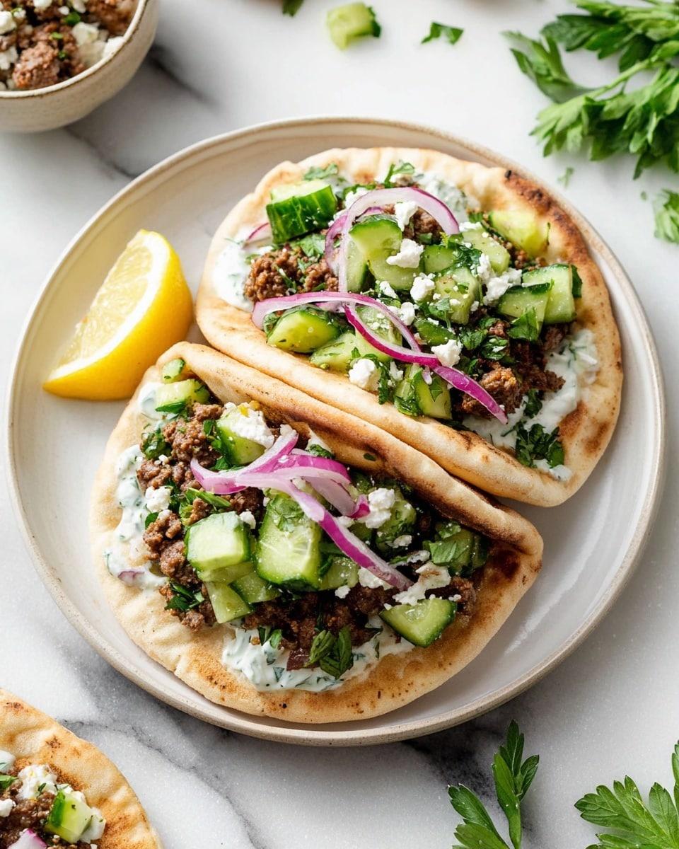 Two pita breads are placed side by side on a white plate, each filled with several layers: the bottom layer is a creamy white sauce with small green herbs, followed by a layer of browned ground meat. On top, there are chunky, bright green cucumber pieces mixed with fresh green parsley leaves and thinly sliced purple onions. Small crumbles of white cheese are sprinkled over the filling. A lemon wedge is placed on the side of the plate, and the background features a white marbled surface with some parsley leaves scattered around. Photo taken with an iphone --ar 4:5 --v 7