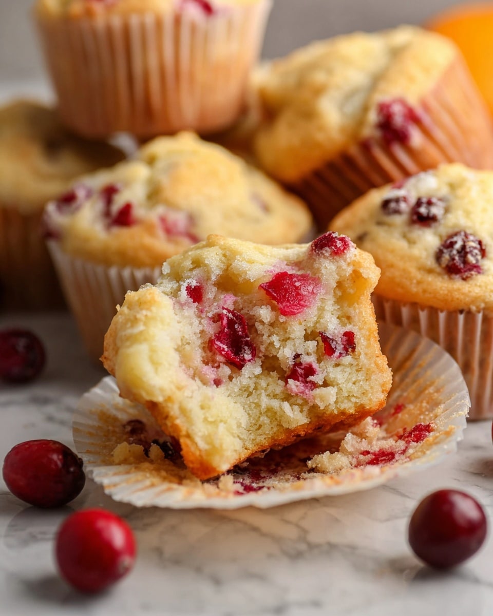 A close-up view shows several light golden muffins with a soft, crumbly texture, each containing bright red cranberry pieces scattered throughout the inside and on top. One muffin is torn in half to reveal its moist, fluffy interior with visible bursts of juicy cranberries, sitting on an open white cupcake liner. A few whole cranberries are placed around the muffins on a smooth white marbled surface. The scene is softly lit, highlighting the warm, inviting colors and textures of the muffins photo taken with an iphone --ar 4:5 --v 7
