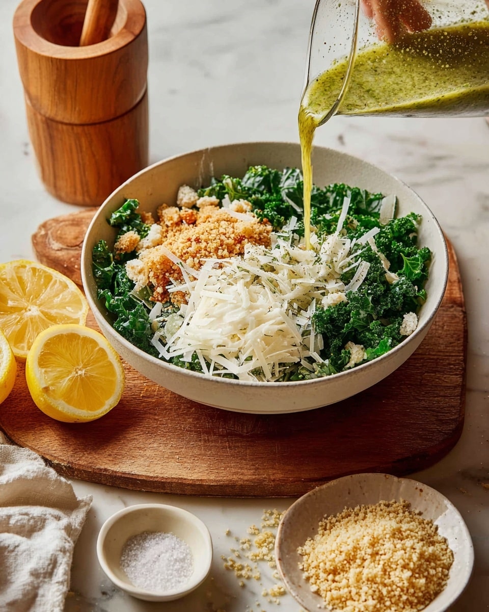 A white bowl sits on a wooden board with a white marbled background, filled with three main layers: dark green curly kale leaves at the bottom, topped with a pile of finely shaved white cheese on one side, and golden brown crunchy bread crumbs on the other side. A woman's hand pours a yellow-green dressing with visible specks over the salad from a glass container. On the wooden board next to the bowl are two lemon halves, a wooden juicer, a small bowl of coarse white salt, and a smaller white bowl filled with more golden bread crumbs scattered around. Photo taken with an iphone --ar 4:5 --v 7