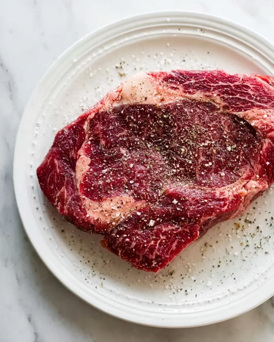 A single large raw steak sits on a white round plate with a simple raised pattern around the edge. The steak is deep red with visible white fat marbling in irregular veins throughout. It is seasoned with coarse black pepper and sea salt, scattered unevenly across the surface. The plate rests on a white marbled textured surface. photo taken with an iphone --ar 4:5 --v 7