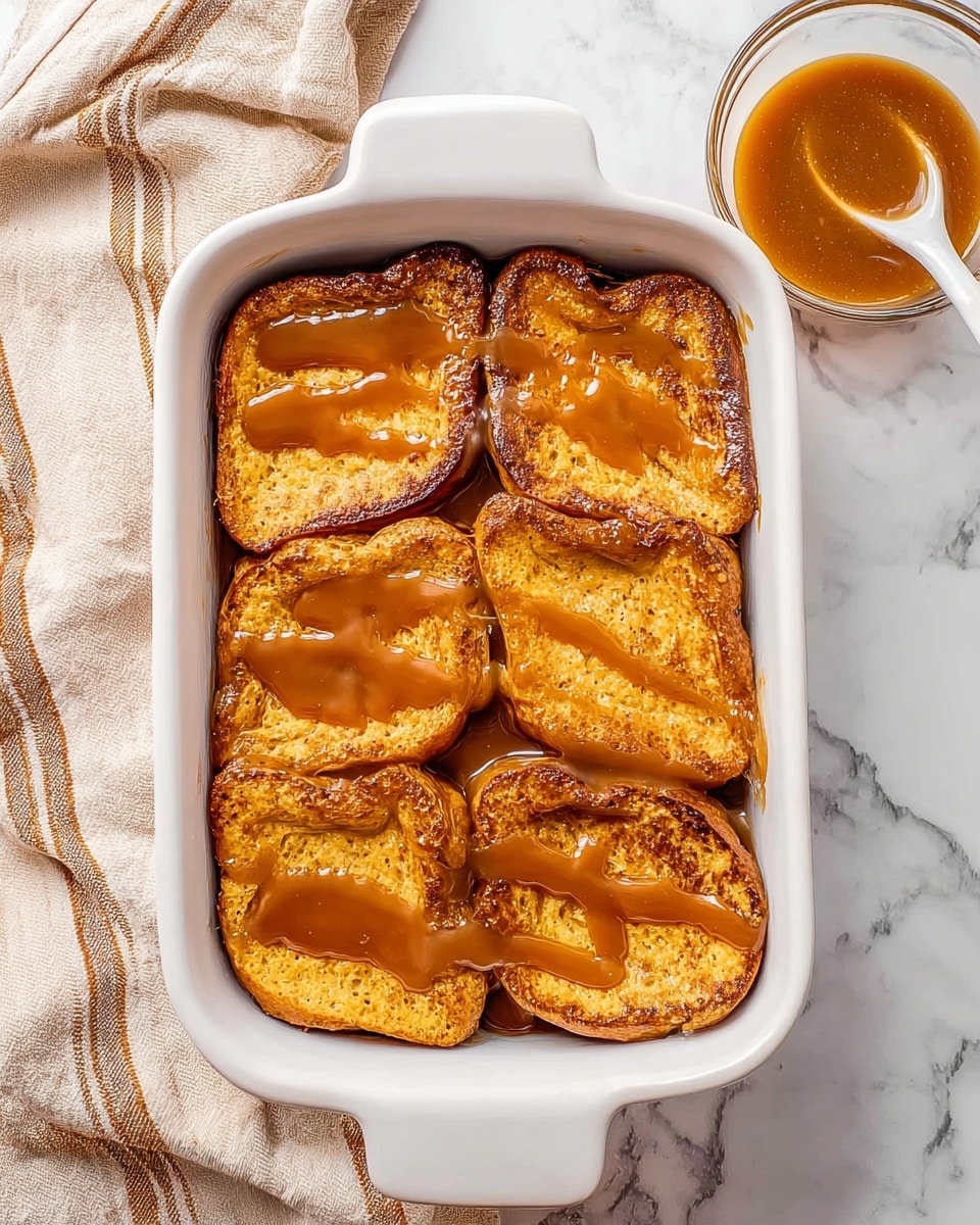 A white rectangular baking dish holds six large, golden brown slices of baked French toast, arranged close together to cover the entire dish. Each slice has a slightly crispy texture with darker edges and visible grooves from the bread's surface. A thick, glossy caramel sauce is drizzled generously over the top of all the slices, adding a rich amber shine that contrasts with the warm golden color of the toast. Next to the baking dish, a small clear glass bowl contains more caramel sauce with a white spoon resting inside. The setup is placed on a white marbled surface, and a beige cloth with thin brown stripes is softly crumpled to the side. photo taken with an iphone --ar 4:5 --v 7