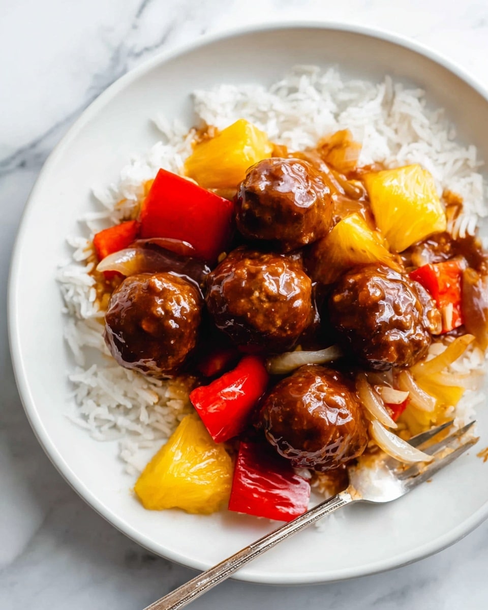 A white plate with a layer of fluffy white rice as the base, topped with four glossy brown meatballs covered in a thick dark brown sauce. Scattered among the meatballs are bright yellow pineapple chunks and pieces of red bell pepper, all mixed with translucent onion slices coated lightly in sauce. A silver fork resting on the edge of the plate holds a piece of red bell pepper. The background is a white marbled surface. photo taken with an iphone --ar 4:5 --v 7
