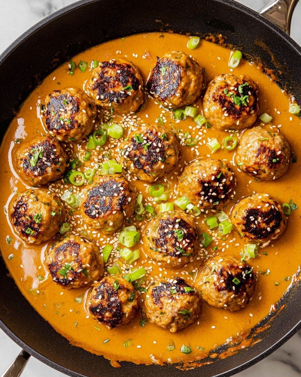 A black skillet filled with two layers: the bottom layer is a thick, smooth orange sauce with a shiny, slightly oily surface and bits of green onion scattered throughout; the top layer consists of about fifteen round meatballs that are light brown with dark grilled spots and small pieces of herbs visible, each sprinkled lightly with white sesame seeds; the skillet sits on a white marbled surface photo taken with an iphone --ar 4:5 --v 7
