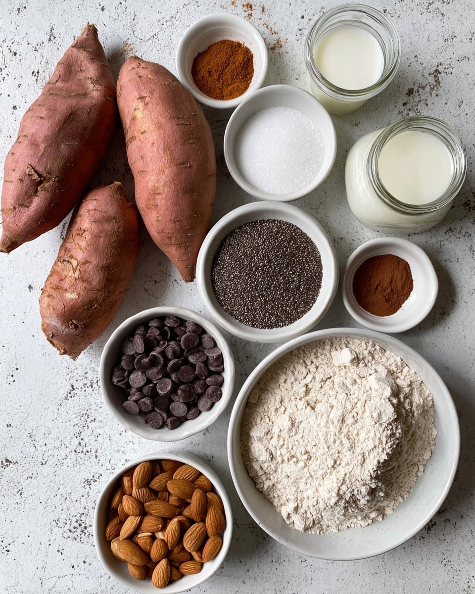 The image shows a white marbled surface with various baking ingredients neatly arranged. On the left, there are two raw sweet potatoes with rough, reddish-brown skins. Moving right, there is a small white bowl with cinnamon, baking soda, and salt in three small piles. Below that, a medium white bowl filled with dark chia seeds sits next to a small pile of whole almonds. Below the almonds, a small white bowl is filled with dark chocolate chips. To the right, there is a large white bowl with a light beige flour mix, and above it, a slightly smaller white bowl filled with cocoa powder. Near the top right corner, two small glass jars contain syrup and a white liquid, likely milk or cream. All items are placed clearly and evenly spaced, photo taken with an iphone --ar 4:5 --v 7