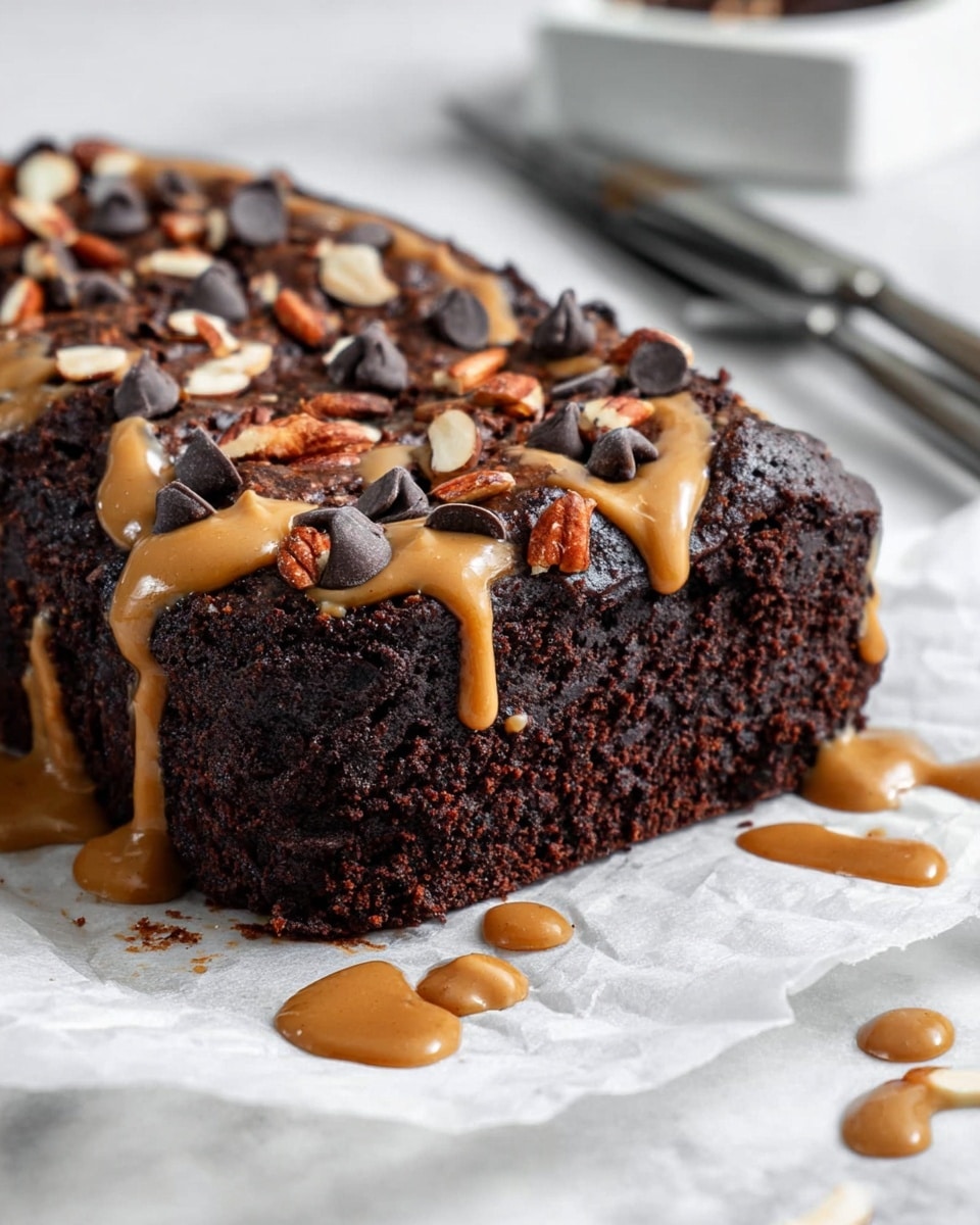 The image shows a thick, dark brown brownie square lying on white parchment paper over a white marbled surface. The dense brownie has a rough, slightly crumbly texture. On top, there is a generous drizzle of light brown peanut butter sauce that runs over the edges, forming small droplets on the paper below. Scattered across the top are glossy, dark chocolate chips and chopped almonds, adding texture and color contrast with their reddish-brown and cream hues. In the background on the right side, there is a white dish with metal cake knives resting on it, slightly out of focus. Photo taken with an iphone --ar 4:5 --v 7