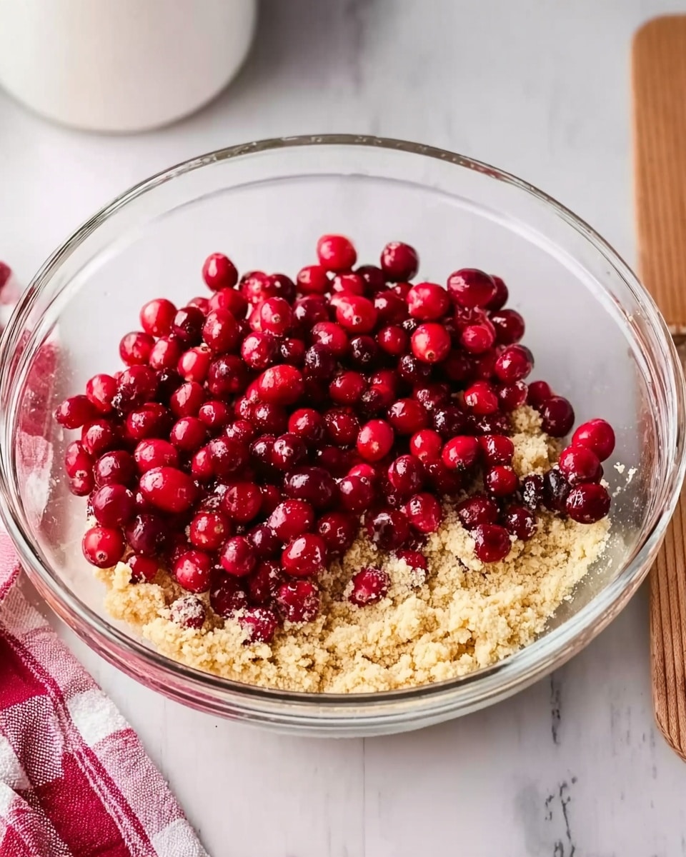 A clear glass bowl on a white marbled surface holds three main layers of ingredients. The bottom layer is light beige dough with a crumbly texture, spread unevenly across the bowl. On top of the dough, there is a large pile of bright red cranberries covering about half of the surface, showing their smooth and shiny skin. The scene includes a white container partially visible on the side, and a piece of red and white checkered cloth near the bowl. The overall lighting is bright and soft, highlighting the colors and textures clearly. photo taken with an iphone --ar 4:5 --v 7