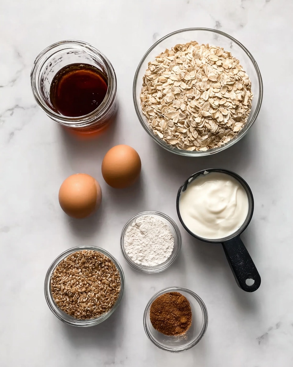 The image shows several baking ingredients arranged on a white marbled surface. In the top left is a glass jar filled with dark brown syrup. Next to it on the right is a clear glass bowl full of light beige rolled oats. Below the jar are two light brown eggs spaced apart. To the right, there is a small black measuring cup with white creamy yogurt or sour cream inside. Below the oats and yogurt are three more containers: a small glass bowl filled with coarse brown flaxseeds, a tiny clear bowl of fine white baking powder, and a black measuring cup holding a brown cinnamon powder. The arrangement is simple, with all items clearly visible on the white marble background. Photo taken with an iphone --ar 4:5 --v 7