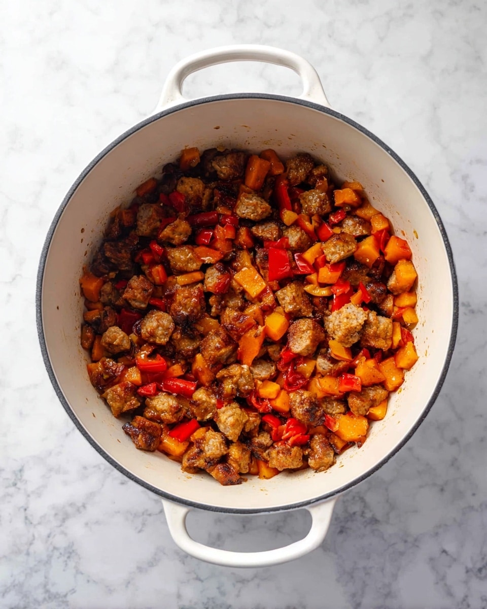 Inside a white pot with two handles, there is one layer of cooked sausage pieces mixed with small cubes of orange and red bell peppers. The sausage has a browned, slightly crispy texture, and the peppers add bright orange and red colors throughout. The pot sits on a white marbled surface. photo taken with an iphone --ar 4:5 --v 7