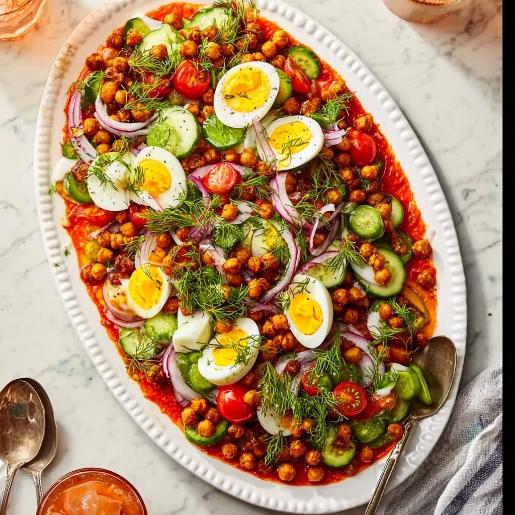 Spiced Chickpeas and Soft-Boiled Eggs with Herb Garlic Yogurt and Tomato Cucumber Salad Recipe