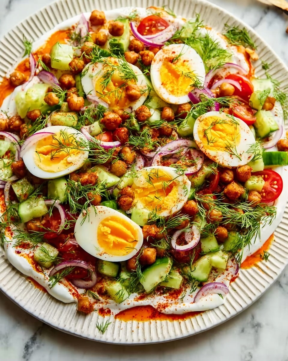 A large white plate filled with a colorful salad layered with halved soft boiled eggs with bright yellow yolks on top, scattered green cucumber chunks, halved red cherry tomatoes, thin slices of red onion, and green herbs like dill and parsley spread over the dish. There are also some brown roasted chickpeas sprinkled around for texture. The plate sits on a white marbled surface with a light green cloth nearby for contrast. The overall presentation is fresh and vibrant, showing a mix of smooth, crisp, and tender textures. photo taken with an iphone --ar 4:5 --v 7