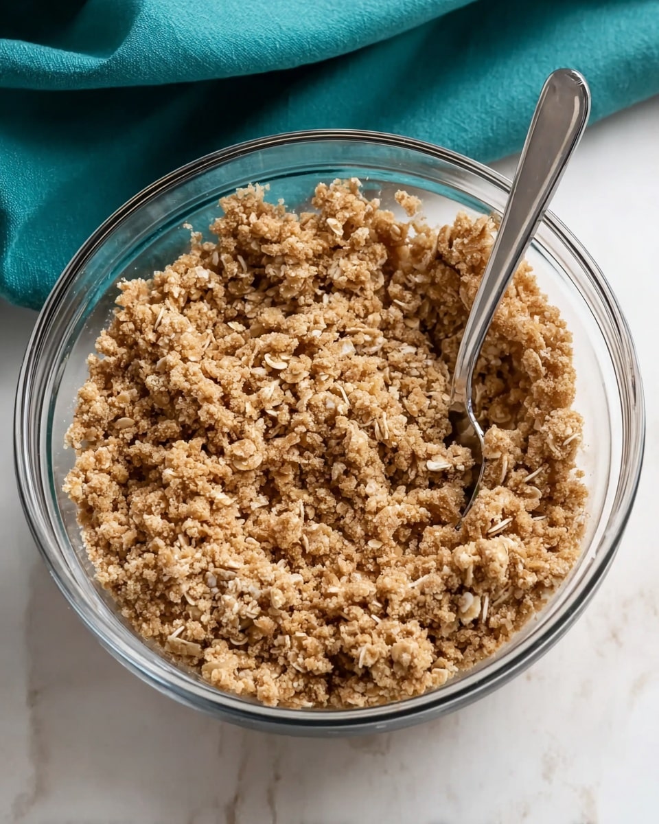 A clear glass bowl filled with a crumbly mixture that is light brown with visible bits of oats scattered through it. The texture looks grainy and chunky, with small clumps throughout. A shiny silver spoon is placed inside the bowl, resting on the right side and partially buried in the mixture. The bowl is on a white marbled surface, and there is a teal cloth in the blurred background. photo taken with an iphone --ar 4:5 --v 7