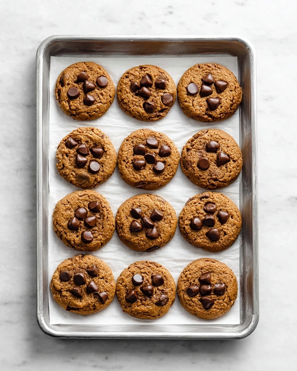 A metal baking tray lined with white parchment paper holds twelve round cookies arranged neatly in three rows of four. Each cookie is medium brown with a slightly cracked, soft texture and topped with three to four large, dark chocolate chips nestled into the surface. The tray is set on a white marbled surface, creating a clean and bright background. The cookies have a rustic, homemade look with uneven edges and a moist center. photo taken with an iphone --ar 4:5 --v 7